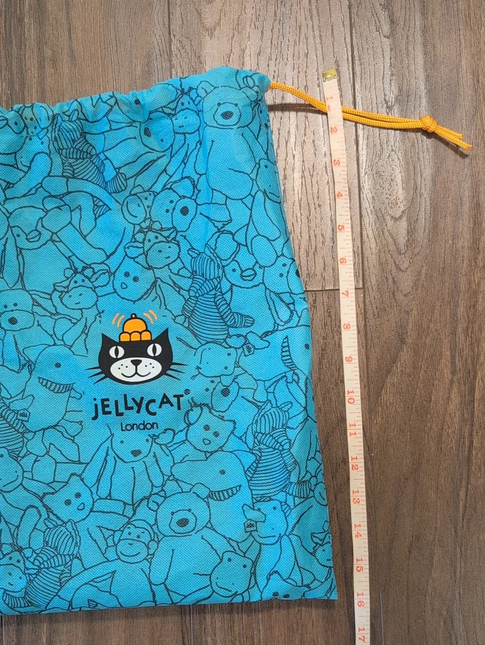 Jellycat Teal Toy Print Drawstring Bag with Orange Cord
